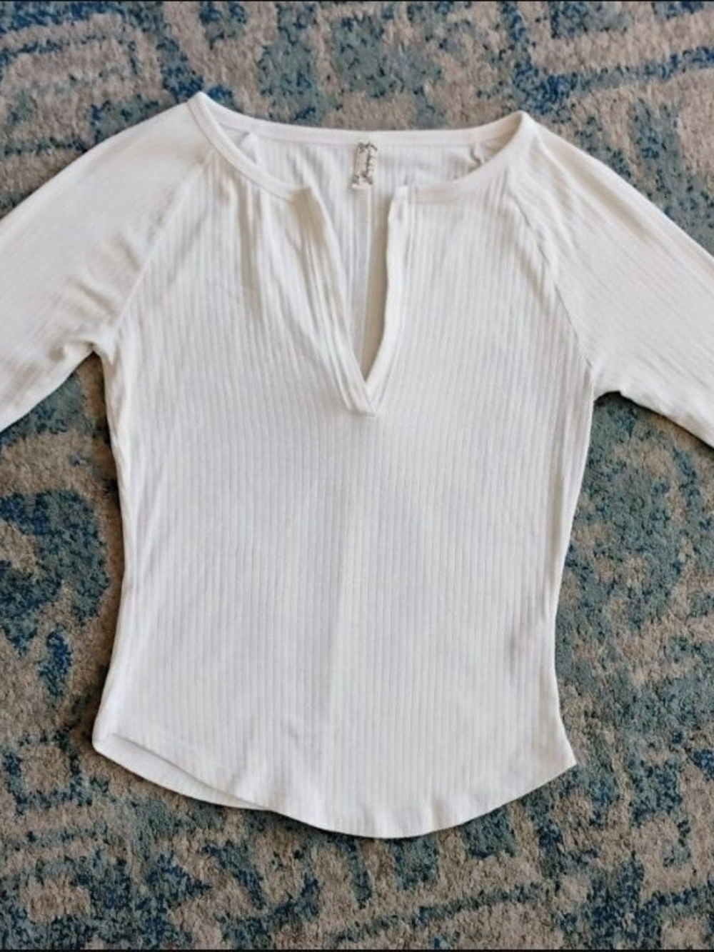 Free People White Ribbed Notch-Front Long Sleeve Top